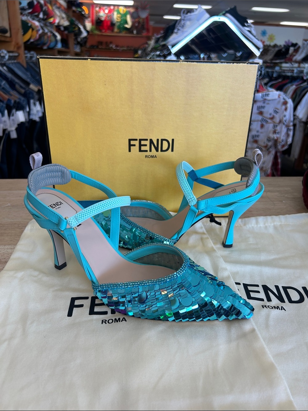 Fendi Turquoise Sequin Slingback Pointed-Toe Heels size 41 US 10